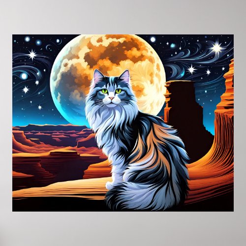 Dilute Calico Cat and Desert Moon Poster