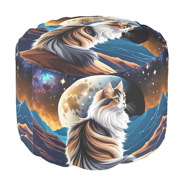 Dilute Calico Cat and Desert Moon Pouf (Angled Back)