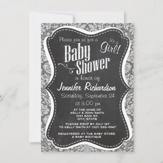Dim Gray Damask; Retro Chalkboard Invitation (Front)
