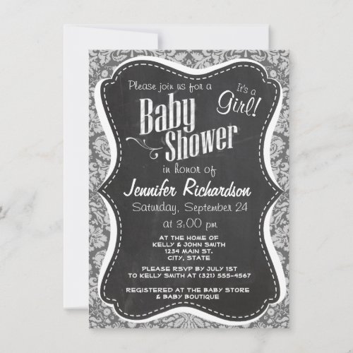 Dim Gray Damask; Retro Chalkboard Custom Invites