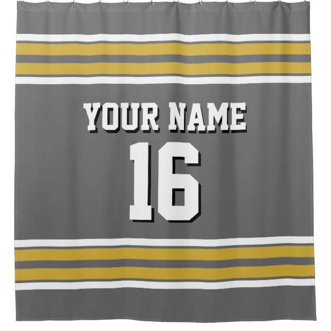 Dim Gray Gold White Stripes Sports Jersey Shower Curtain (Front)