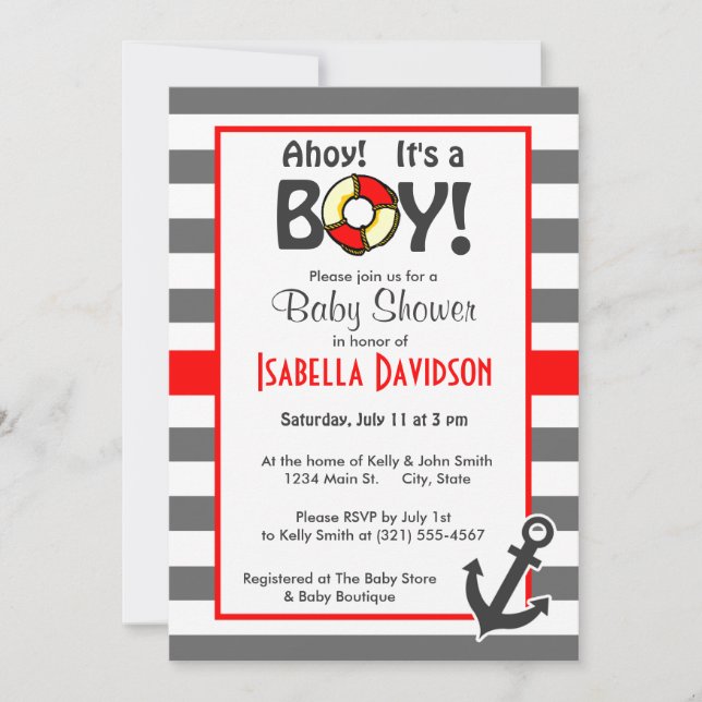 Dim Gray Horizontal Stripes; Nautical Anchor Invitation (Front)