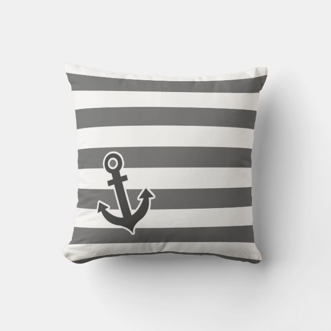Dim Gray Horizontal Stripes; Nautical Anchor Throw Pillow (Front)