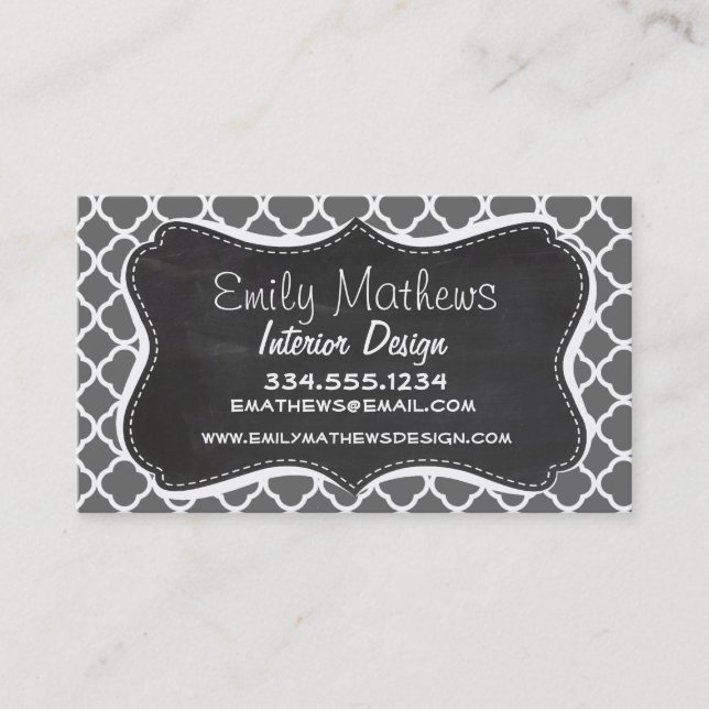 Dim Gray Quatrefoil; Chalkboard look Business Card (Front)