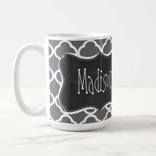Dim Gray Quatrefoil; Chalkboard look Coffee Mug (Left)