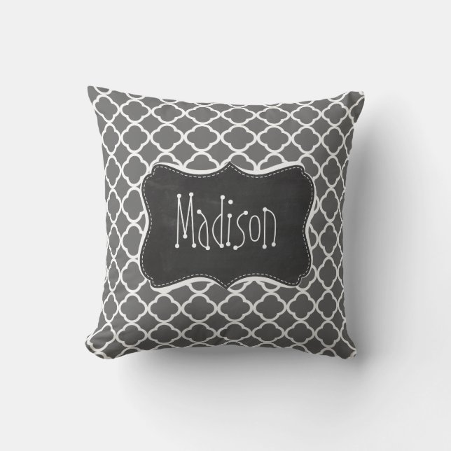 Dim Gray Quatrefoil; Chalkboard look Throw Pillow (Front)