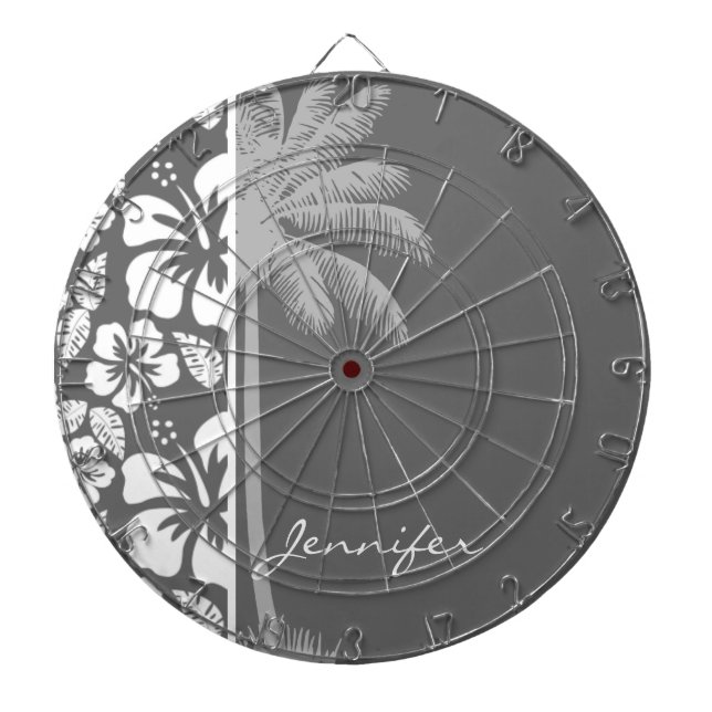 Dim Gray Tropical Hibiscus; Palm Tree Dartboard With Darts (Front)
