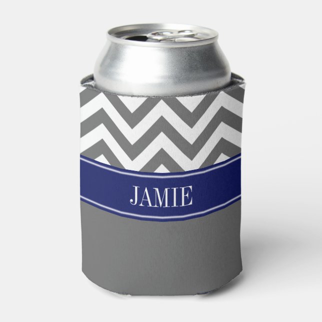 Dim Gray White LG Chevron Navy Name Monogram Can Cooler (Can Front)