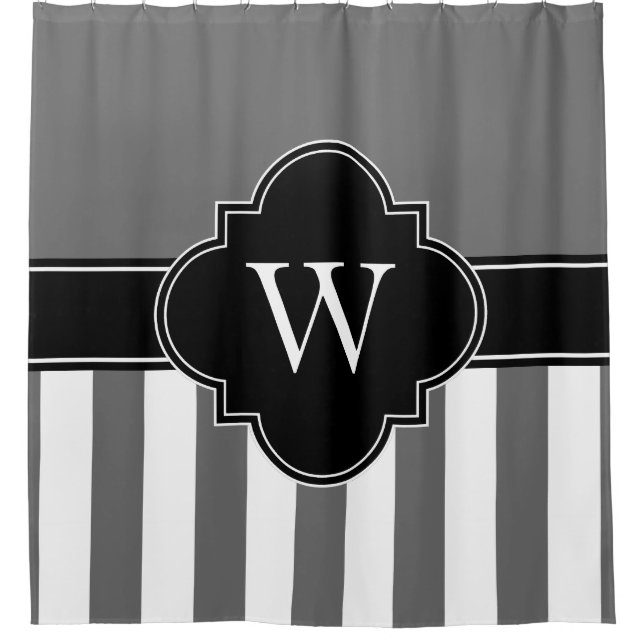 Dim Gray White LG Stripe 1ICBR Black Monogram Shower Curtain (Front)