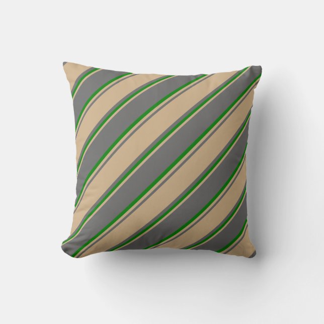 Dim Grey, Tan, and Green Lines Throw Pillow (Front)