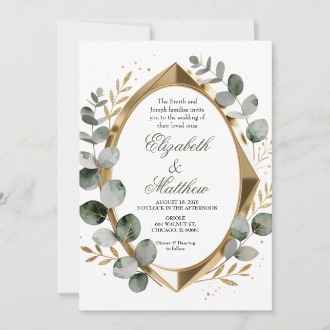 Dimensional Gold Eucalyptus Geometric Oval  Invitation (Front)