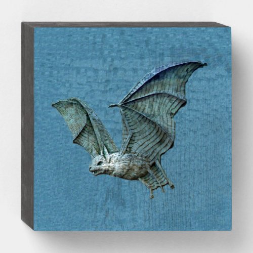 Dimensional Look Spooky Blue Bat in Flight Wooden Box Sign