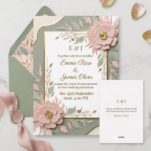 Dimensional Sage Green Gold Floral Wedding Foil Invitation