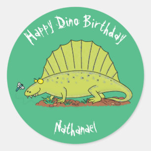 Dimetrodon happy green dinosaur cartoon classic round sticker