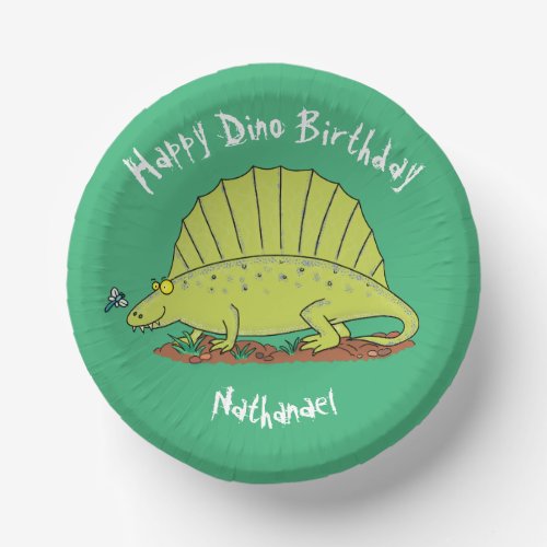 Dimetrodon happy green dinosaur cartoon paper bowls