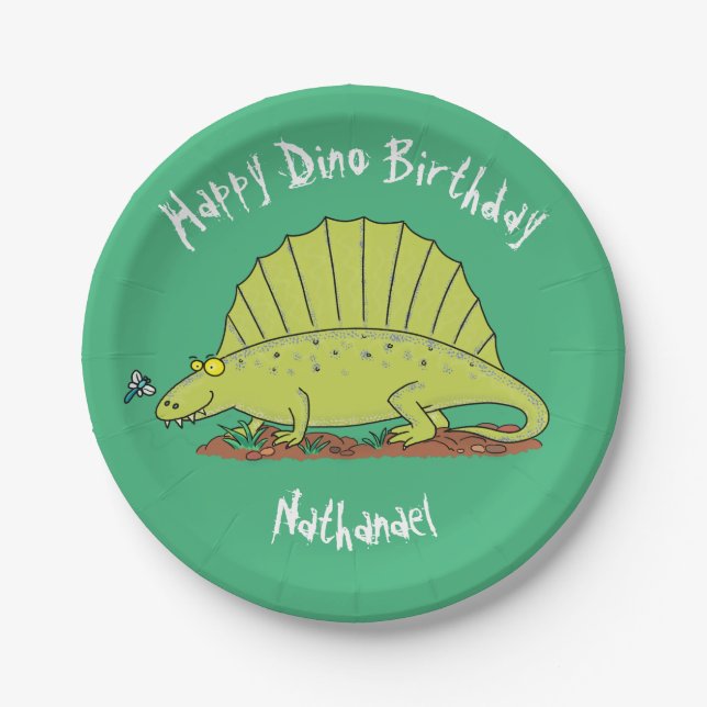 Dimetrodon happy green dinosaur cartoon paper plates (Front)