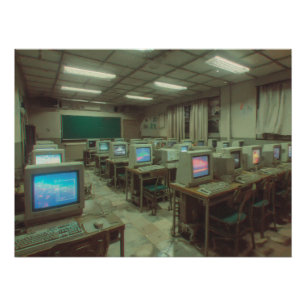 Dimly Lit Retro Computer Lab with CRT Screens Poster