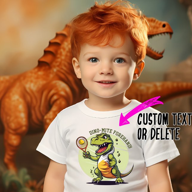 Dina-Mite tennis player T-Shirt (Cute t-shirt for kids and adults with t-rex playing tennis and custom text)