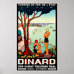 Dinard coastline, swimming girls, vintage travel poster