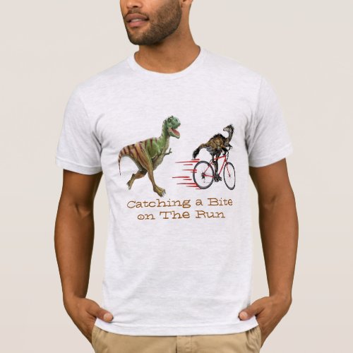 dinasaurs t_rex catching a bite on the run funny T_Shirt