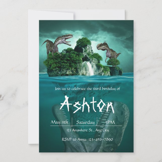dinausor theme blue green invitation (Front)