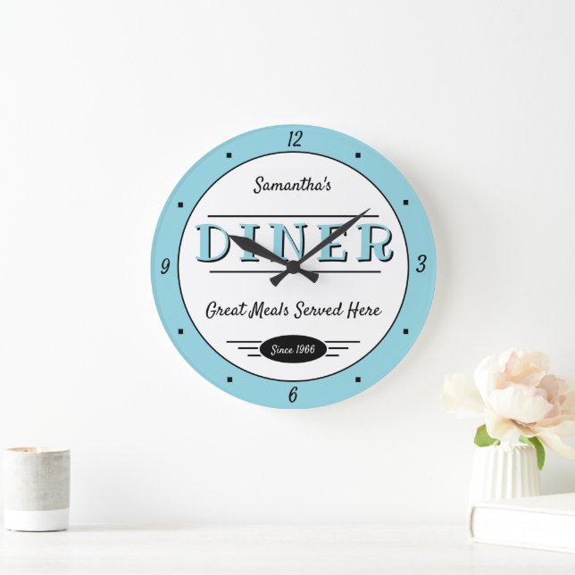 Diner Any Name Date Retro Robin Egg Blue Black Large Clock (Home)