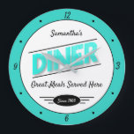 Diner Any Name Date Retro Turquoise Black White Large Clock<br><div class="desc">Any name diner with retro turquoise graphic on a white background with a turquoise border. Just use the personalize this template option to change the text. Slogan script with any date. Just choose the hand color and size.</div>