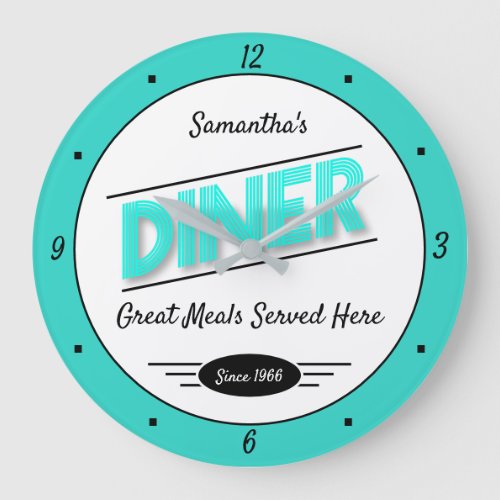 Diner Any Name Date Retro Turquoise Black White Large Clock
