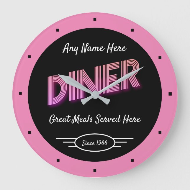 Diner Any Name Since Date Retro Look Pink Black  Large Clock (Front)