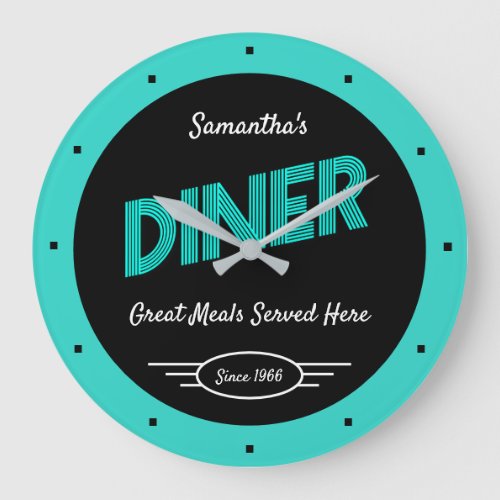 Diner Any Name Since Date Retro Turquoise Black Large Clock