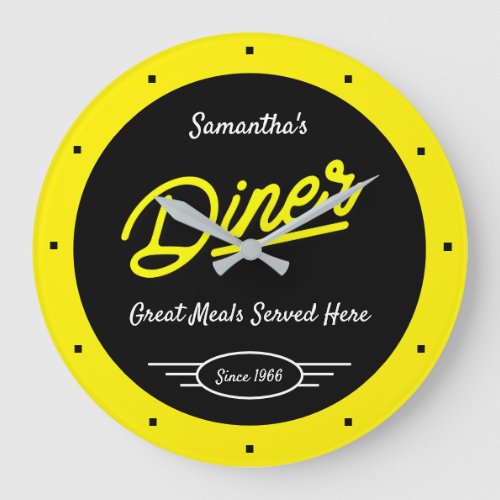Diner Any Name Since Date Retro Yellow Black  Large Clock
