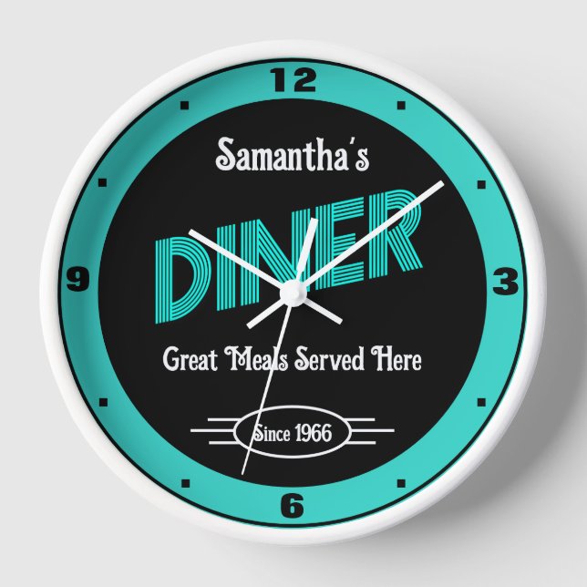 Diner Any Name Style Date Retro Turquoise Black Clock (Front)