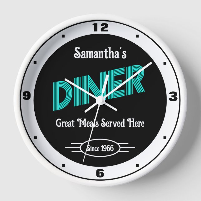 Diner Any Name Style Date Retro Turquoise White Clock (Front)