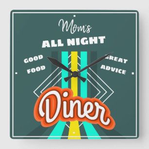 Diner Mom's Any Name Retro Stripes Tagline Teal Square Wall Clock
