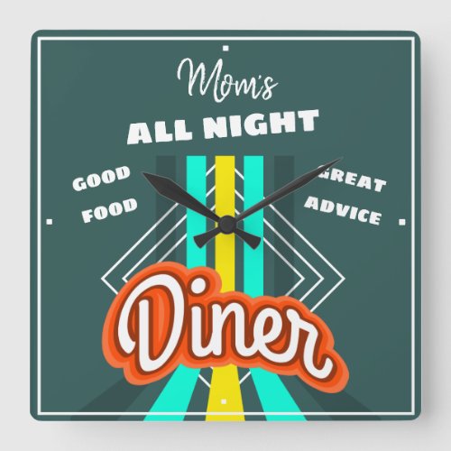 Diner Moms Any Name Retro Stripes Tagline Teal Square Wall Clock