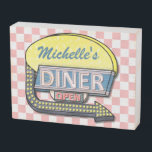 Diner Retro 50s Mid-Century Nostalgia Custom Name Wooden Box Sign<br><div class="desc">Create your own personalized, 1950's style diner wooden box sign faux with this simple template. This cool retro kitchen art has a slightly distressed pink-and-white checkered background with a sign on top that says "DINER" and "OPEN" in faux neon with space for you to add your own first or last...</div>
