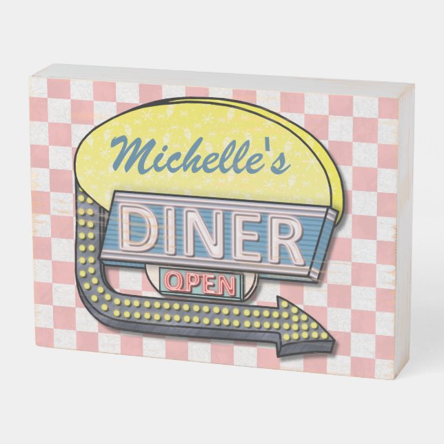 Diner Retro 50s Mid-Century Nostalgia Custom Name Wooden Box Sign (Angled Horizontal)