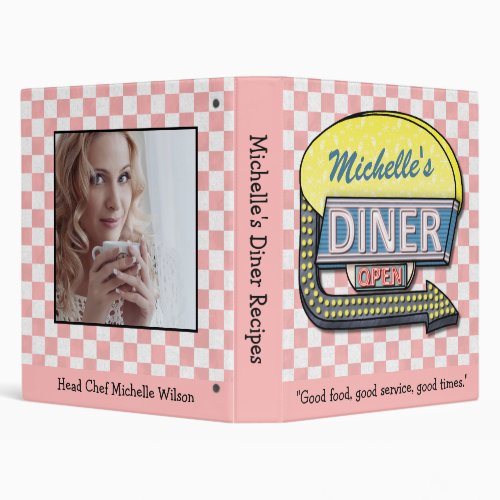 Diner Retro 50s Pink Check Recipe Book Name Photo 3 Ring Binder