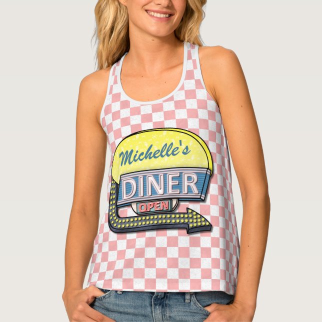 Diner Retro 50s Pink Checkered Add Custom Name Tank Top (Front)