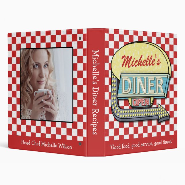 Diner Retro 50s Red Checker Recipe Book Name Photo 3 Ring Binder (Background)