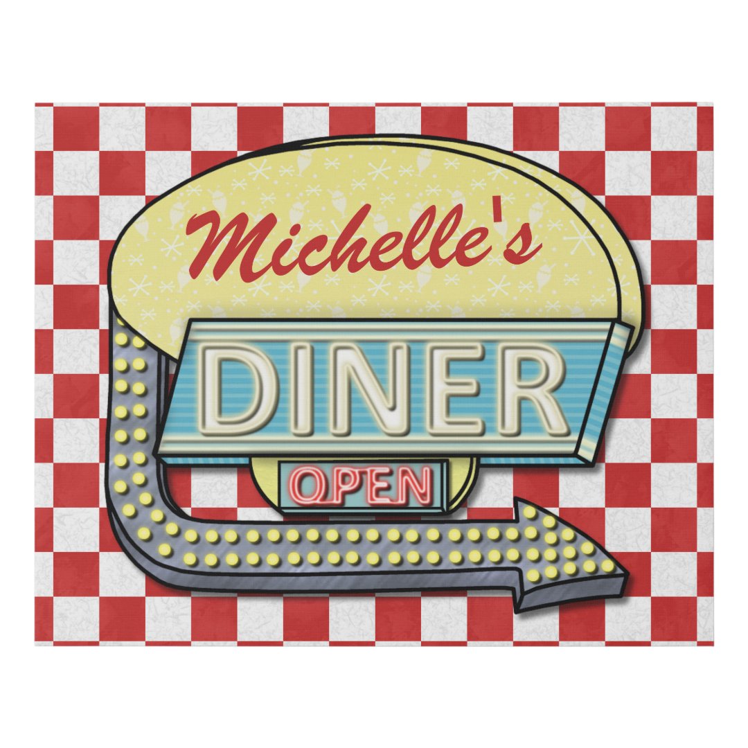 Diner Retro 50s Red Checkered | Custom Name Faux Canvas Print | Zazzle