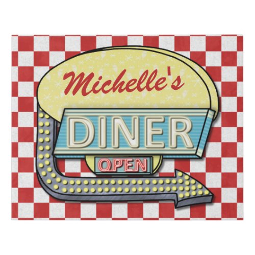 Diner Retro 50s Red Checkered  Custom Name Faux Canvas Print