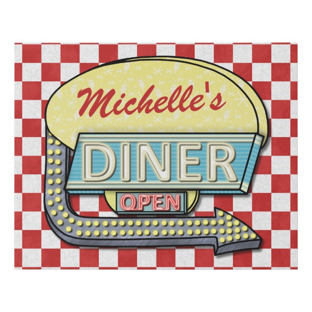 Diner Retro 50s Red Checkered | Custom Name Faux Canvas Print (Front)