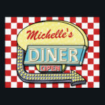 Diner Retro 50s Red Checkered | Custom Name Poster<br><div class="desc">This cool, retro 50s diner sign wall poster can be easily personalized with your own name. The background is a slightly-distressed red-and-white checker pattern, and the 1950s-style sign on top says DINER and OPEN in faux neon. The design has an arrow graphic and room for your first or last name...</div>