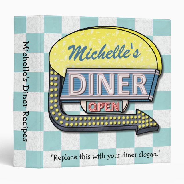 Diner Retro 50s Teal Sign Custom Name Recipe 3 Ring Binder (Front/Spine)