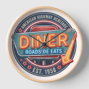Diner Roadside Eats Vintage Neon Sign Wall Clock