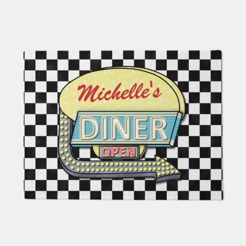 Diner Sign Retro 50s Black Checkered  Custom Name Doormat