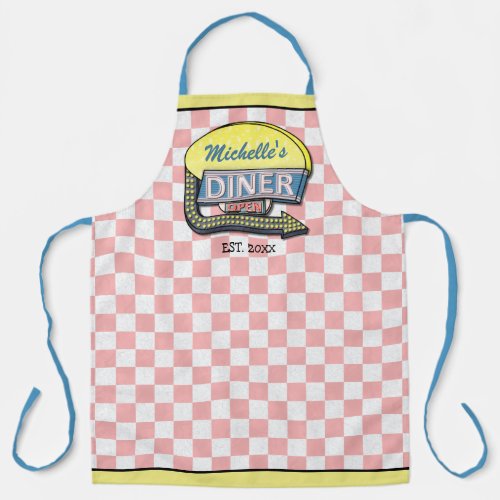 Diner Sign Retro 50s Mid_Century Modern Pink Check Apron