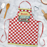 Diner Sign Retro 50s Mid-Century Modern Red Check Apron<br><div class="desc">Create your own personalized, 1950's style diner sign apron using this simple template. This cool retro kitchen art has a slightly distressed red-and-white checkered background with a sign on top that says "DINER" and "OPEN" in neon with space for you to add your own first or last name. The sign...</div>