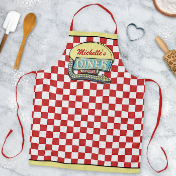 Diner Sign Retro 50s Mid-century Modern Red Check Apron by FancyCelebration at Zazzle